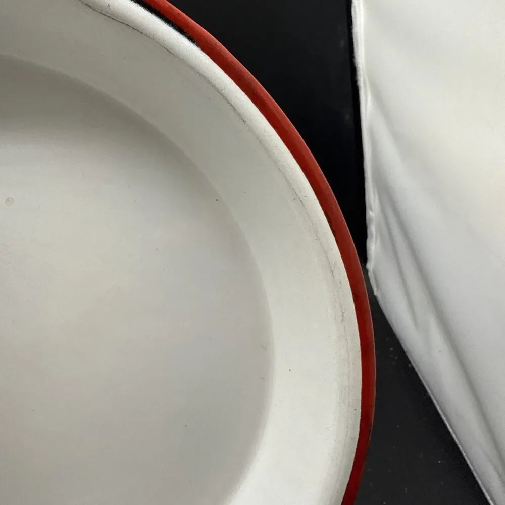 Vintage White Red Rim Enamelware Dinner Plate Farmhouse Camp Rustic 10 Inch